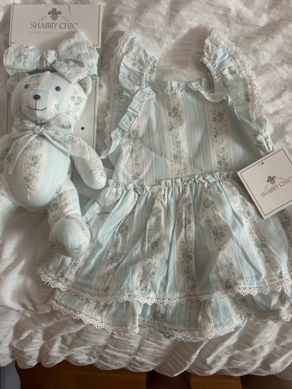 Shabby Chic Baby Dress and Teddy Bear Set in Light Blue and White
